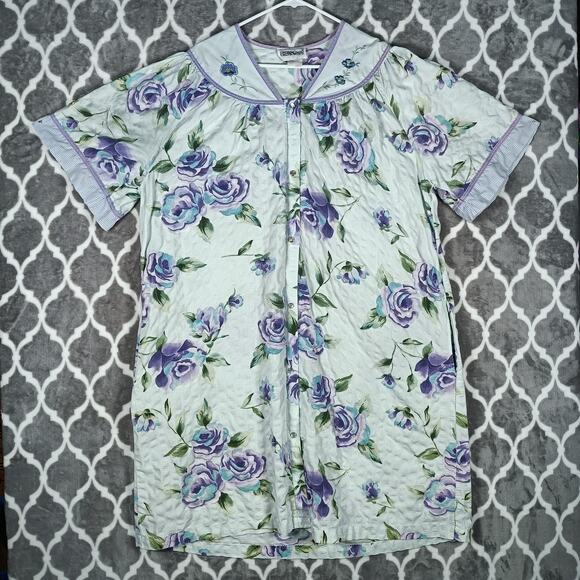 Vintage Crowntuft Housecoat XL Purple Floral Snap Front Duster Smock Pockets - Picture 1 of 11